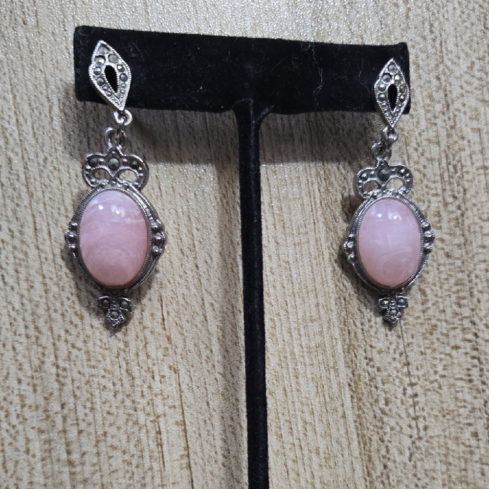 Vintage 1928 Pink Rose Quartz and Silver Marcasite Dangle Earrings Victorian 💫